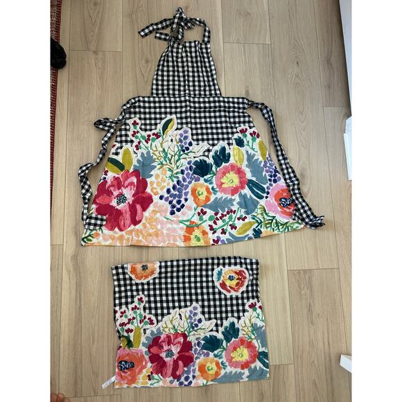 NWOT Anthropologie Apron Floral Black Check & Tea Towel - Picture 2 of 11